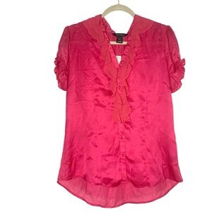 NWT White House Black Market WHBM Women’s Hot Pink 100% Silk Ruffled Blouse Top